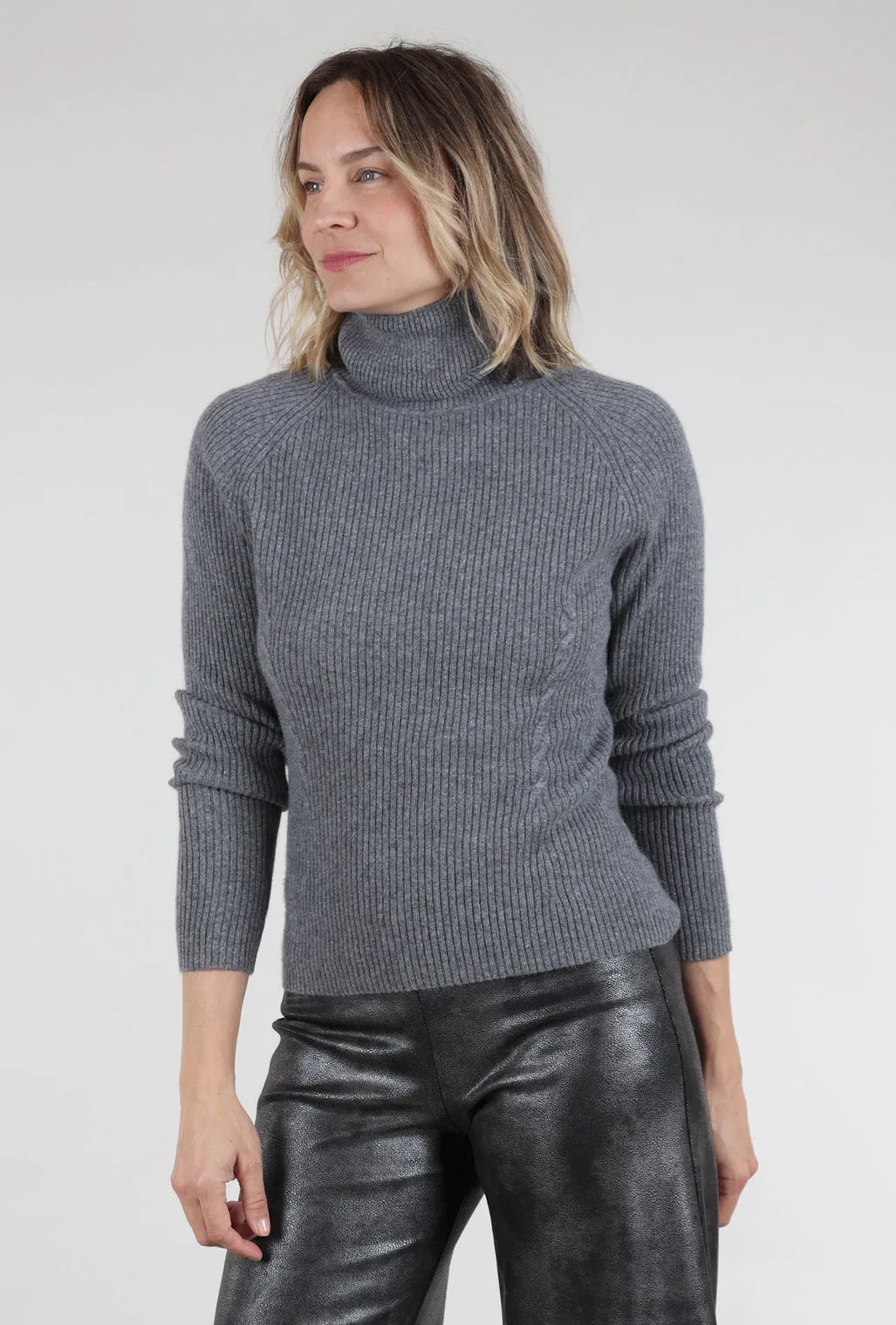 Cashmere Ribbed Details Tneck, Mistral Gray