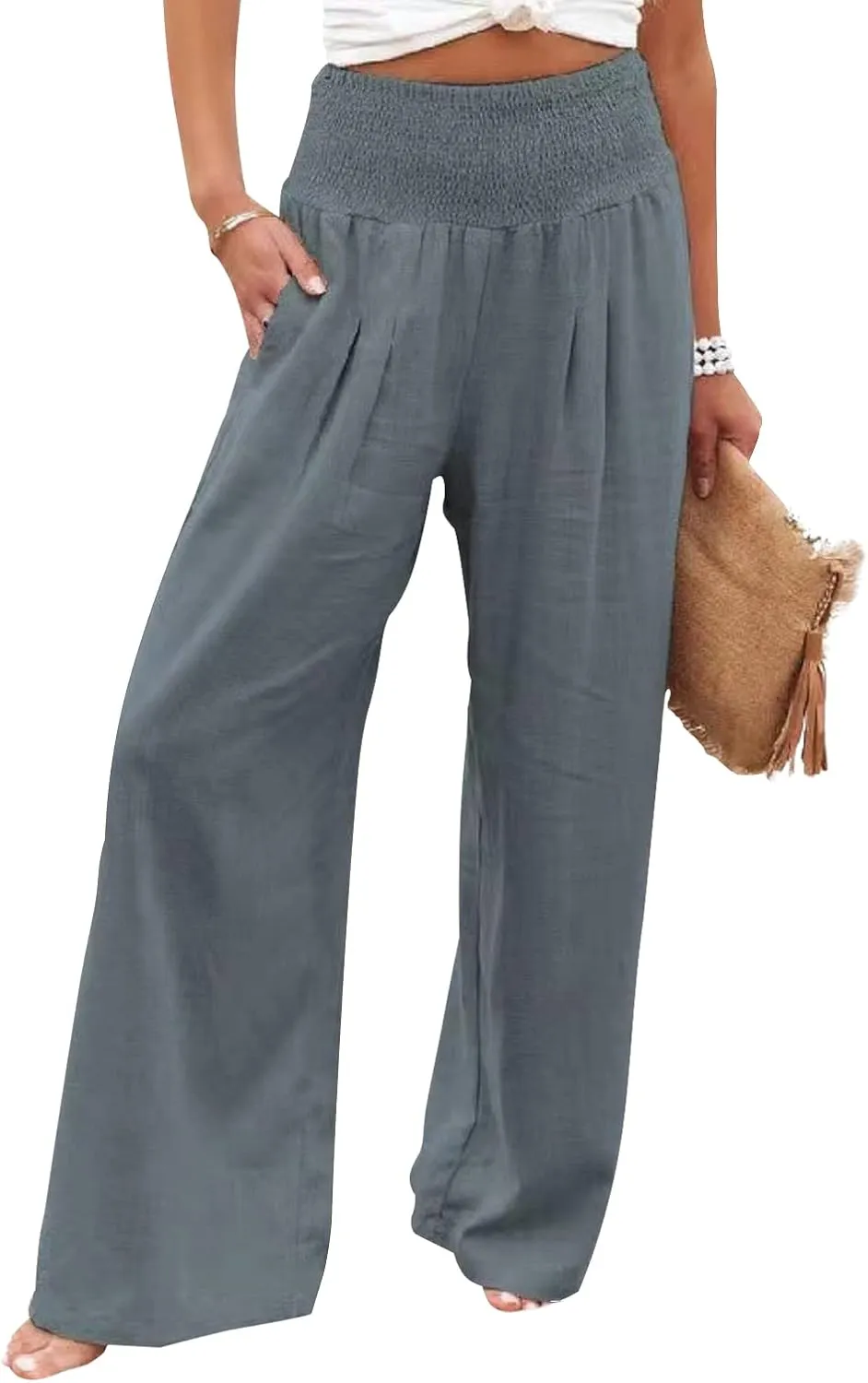 CHARTOU Women's Lightweight Smocked High Waist Straight Leg Cotton Linen Palazzo Beach Pants