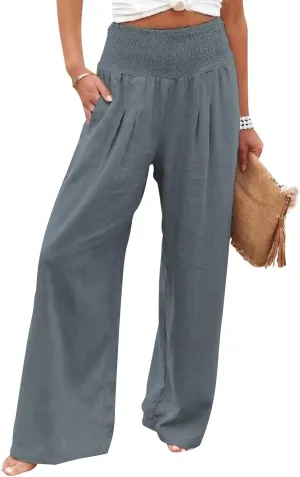 CHARTOU Women's Lightweight Smocked High Waist Straight Leg Cotton Linen Palazzo Beach Pants