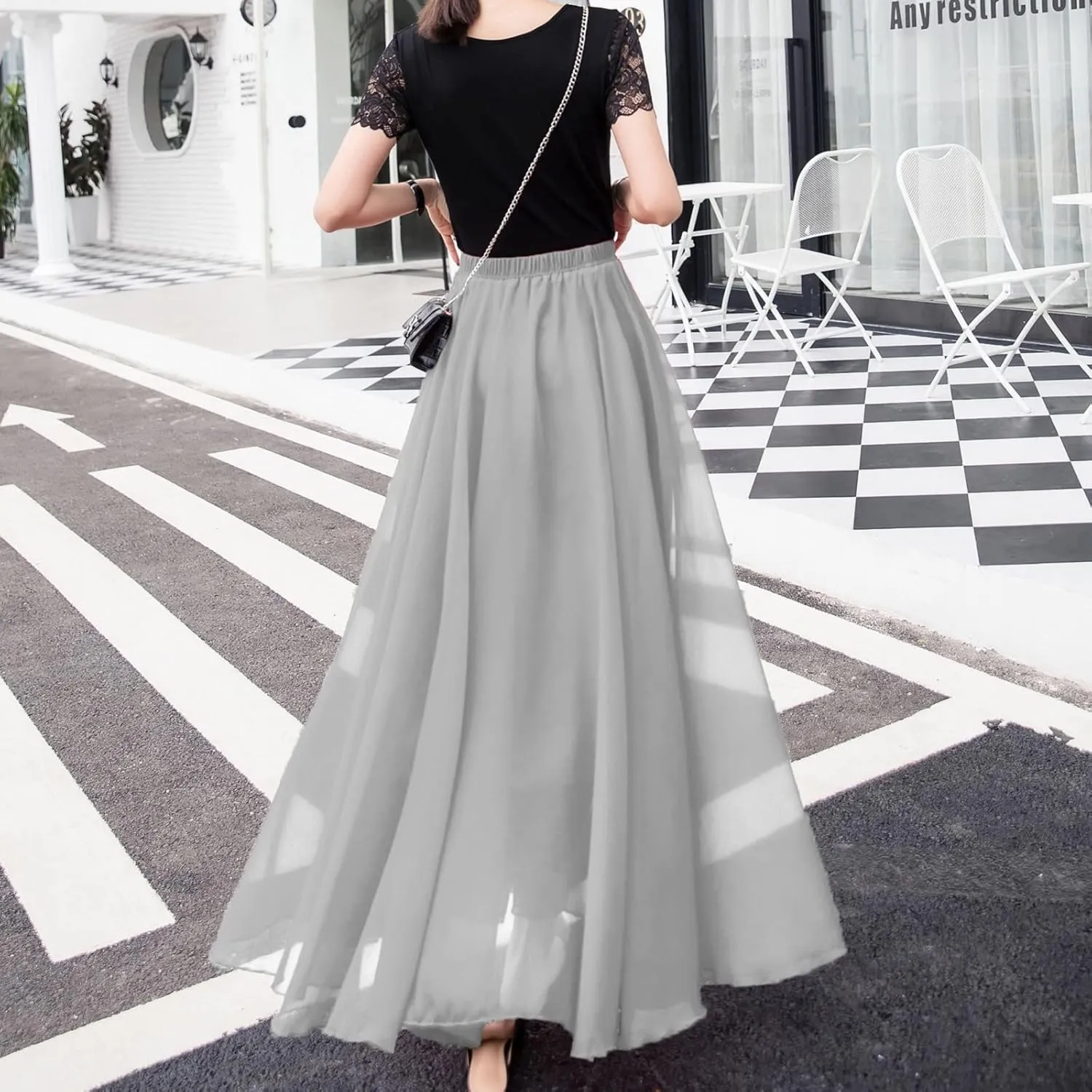 Chiffon Maxi Skirt for Women Summer Flowy Long Skirts Floor Length High Waisted Pleated Skirt Vintage Tea Party Dresses 2025