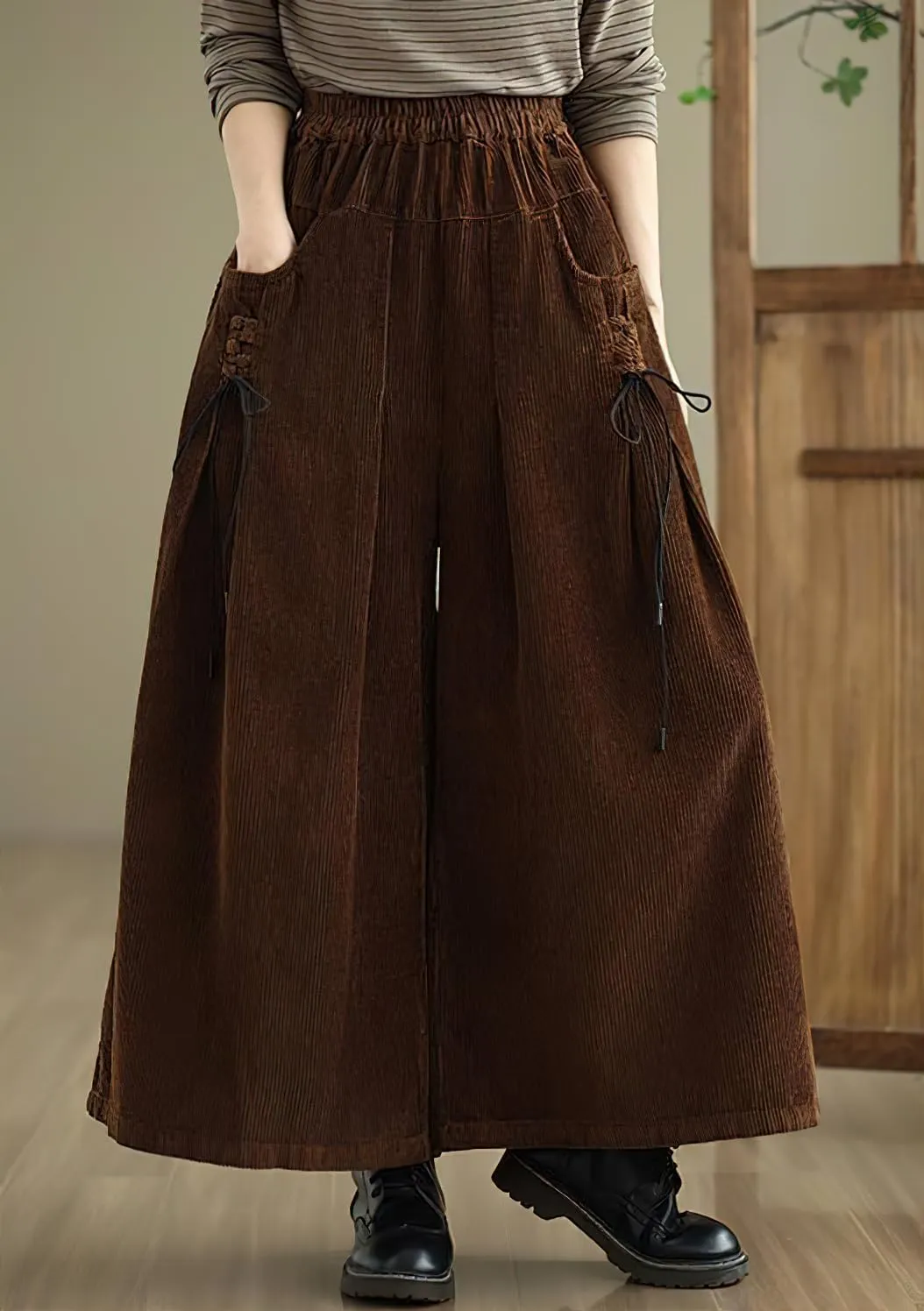 chouyatou Women's Fall Casual Wide Leg Baggy Corduroy Pants Elastic Waist Baggy Culotte Loose Trousers