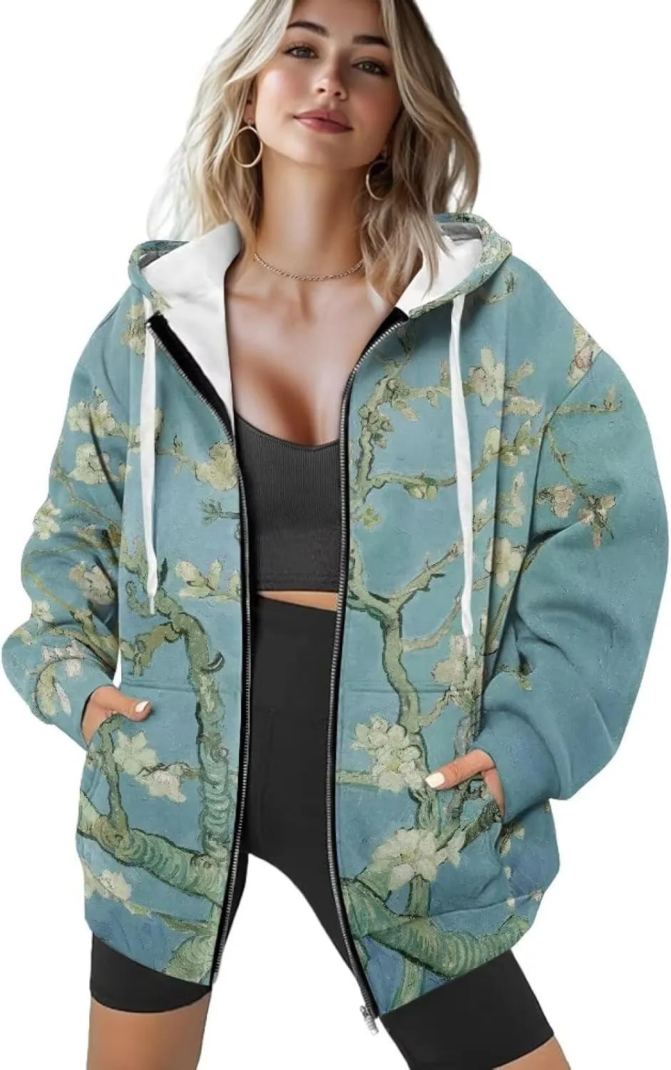 Christmas Candy Print Zip up Hoodie Women Long Sleeve Loose Fitting Y2K Pullover Tops Sweatshirt with Front Pocket