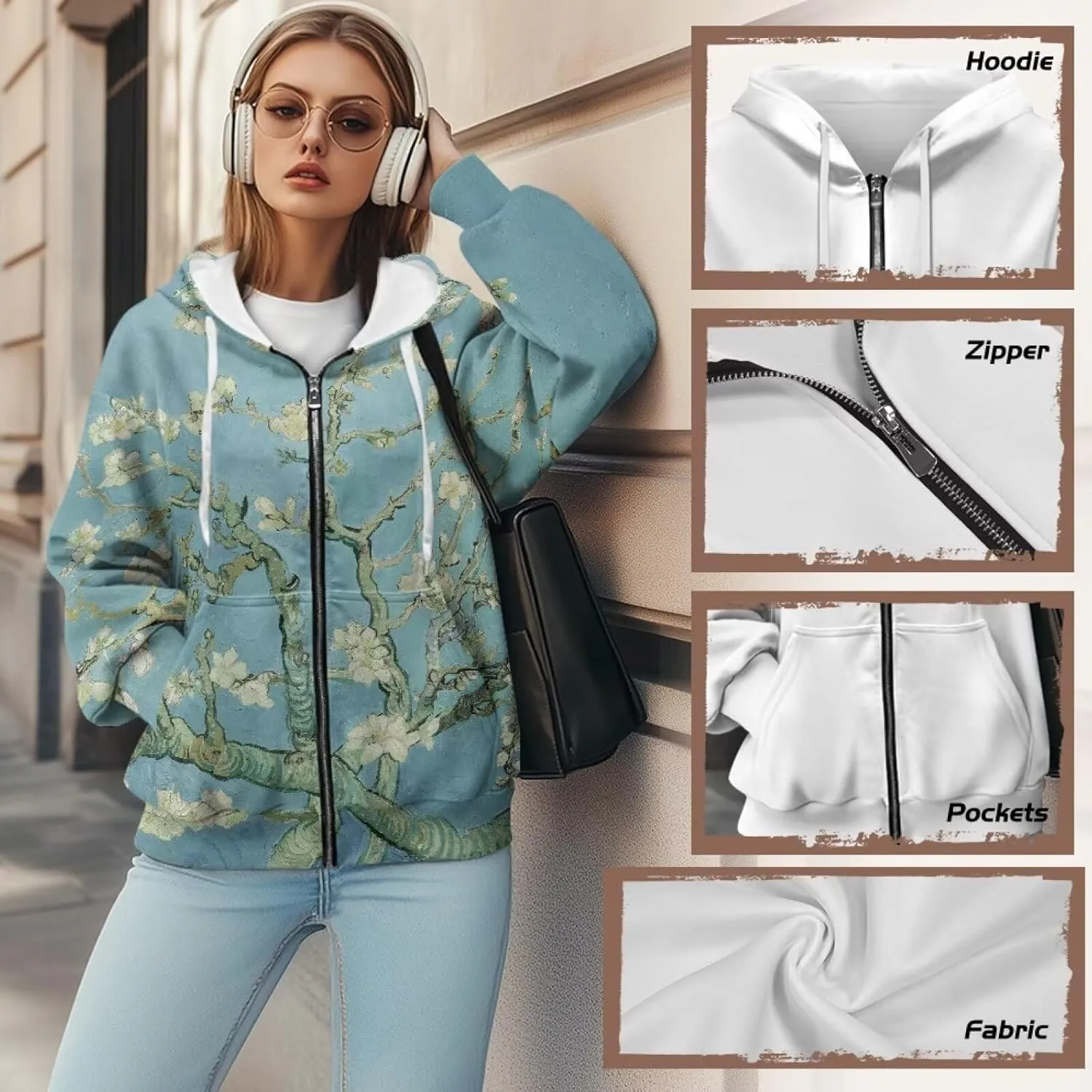 Christmas Candy Print Zip up Hoodie Women Long Sleeve Loose Fitting Y2K Pullover Tops Sweatshirt with Front Pocket