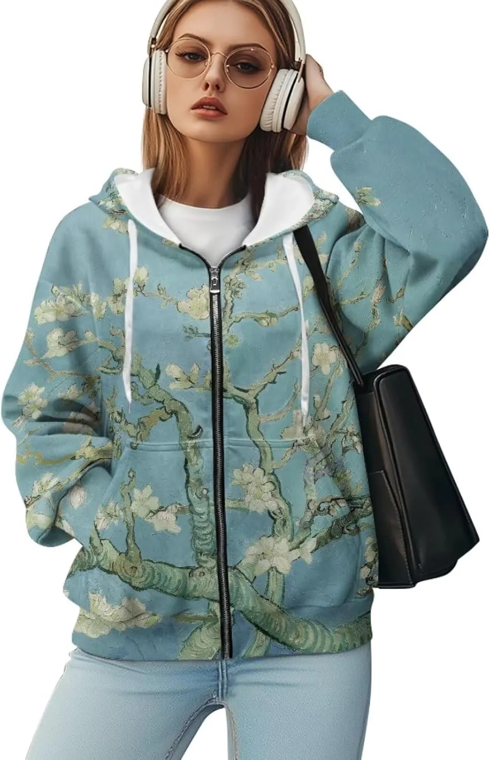 Christmas Candy Print Zip up Hoodie Women Long Sleeve Loose Fitting Y2K Pullover Tops Sweatshirt with Front Pocket