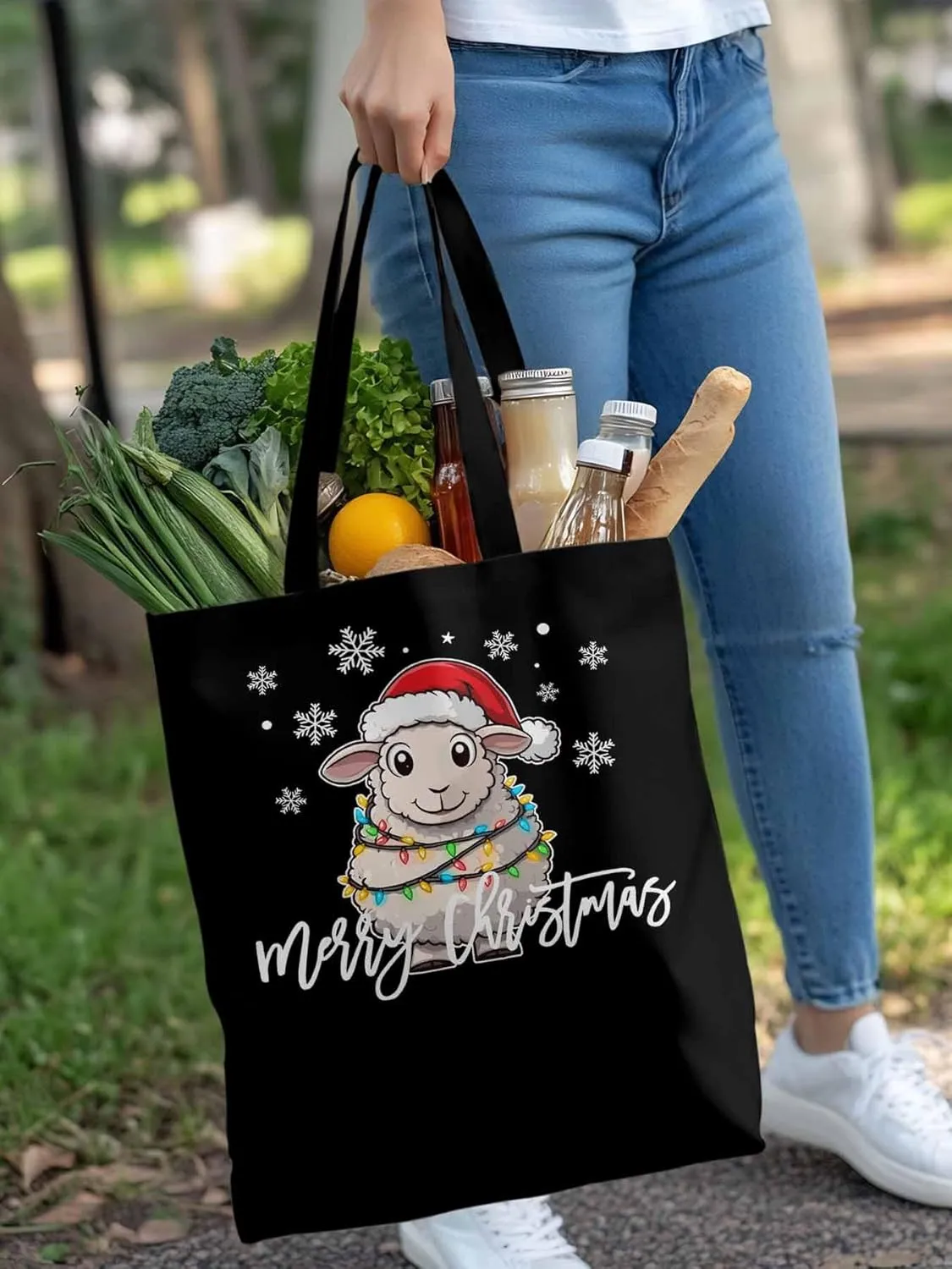 Christmas Sheep Canvas Tote Bag, Snowflake Xmas Red Aesthetic Canvas Tote Handbags for Women Shoulder Bag