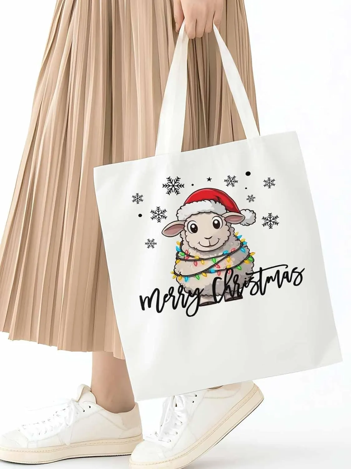 Christmas Sheep Canvas Tote Bag, Snowflake Xmas Red Aesthetic Canvas Tote Handbags for Women Shoulder Bag
