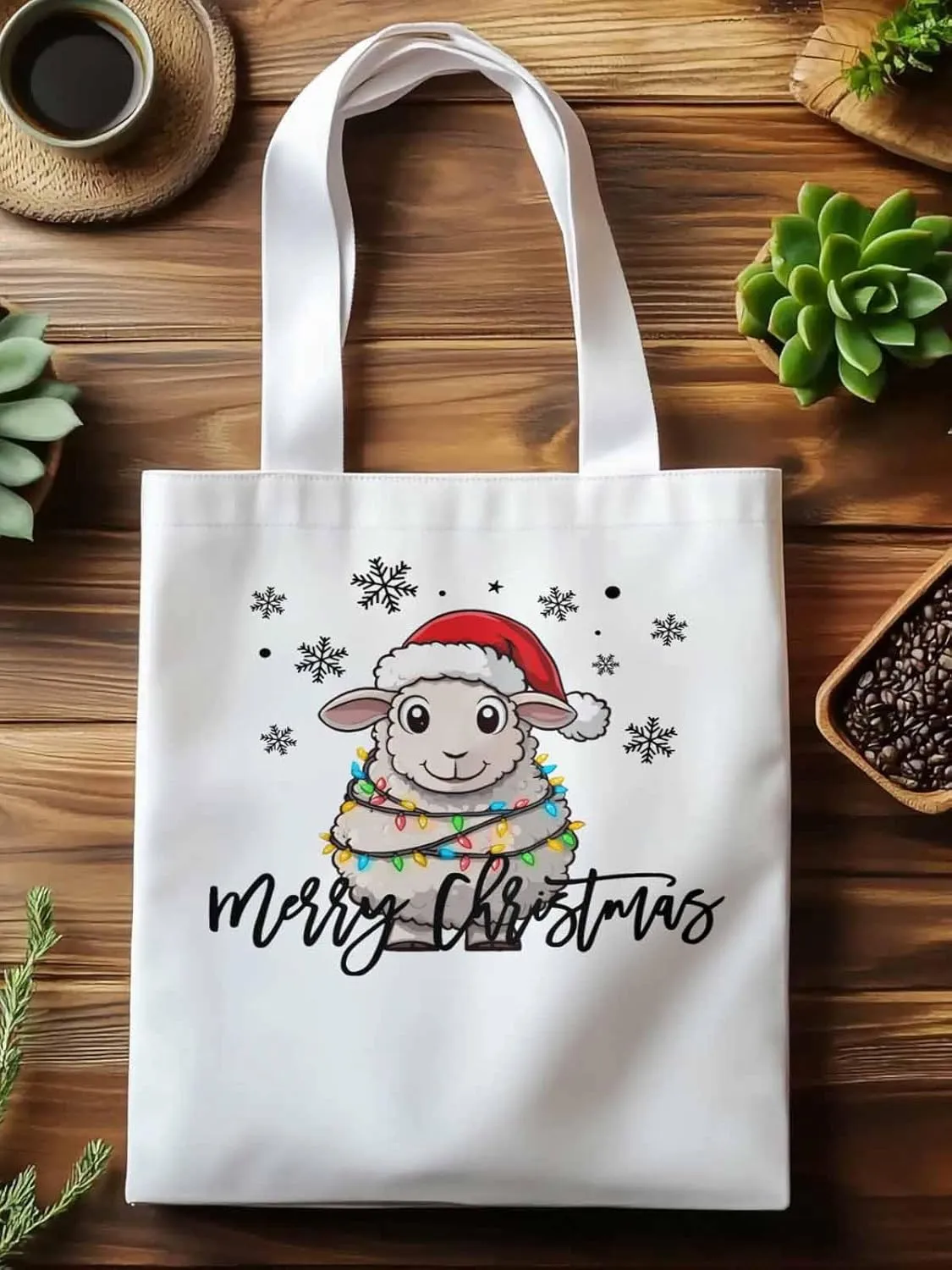 Christmas Sheep Canvas Tote Bag, Snowflake Xmas Red Aesthetic Canvas Tote Handbags for Women Shoulder Bag