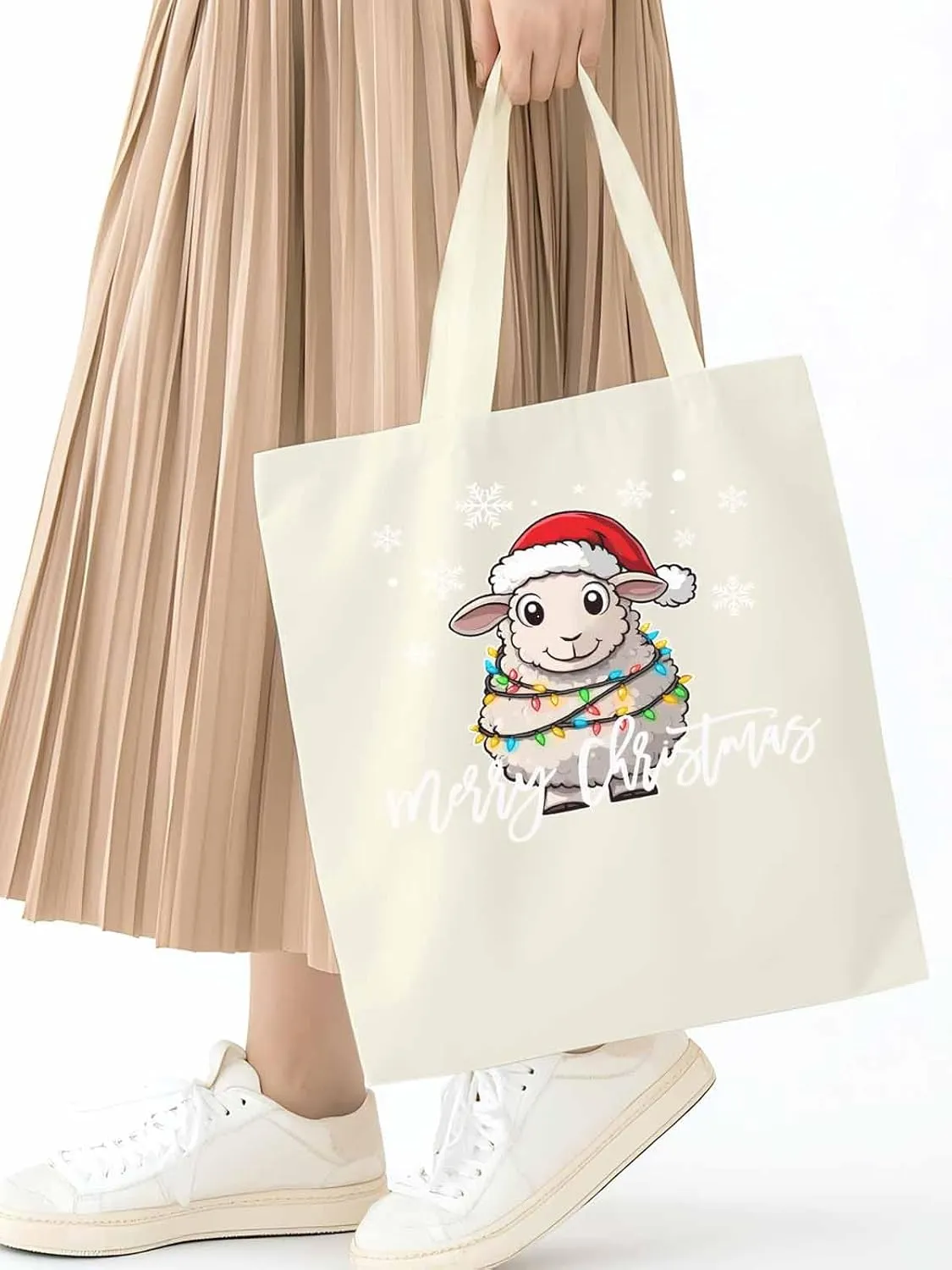 Christmas Sheep Canvas Tote Bag, Snowflake Xmas Red Aesthetic Canvas Tote Handbags for Women Shoulder Bag