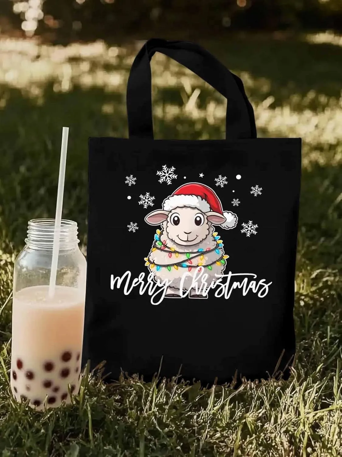 Christmas Sheep Canvas Tote Bag, Snowflake Xmas Red Aesthetic Canvas Tote Handbags for Women Shoulder Bag