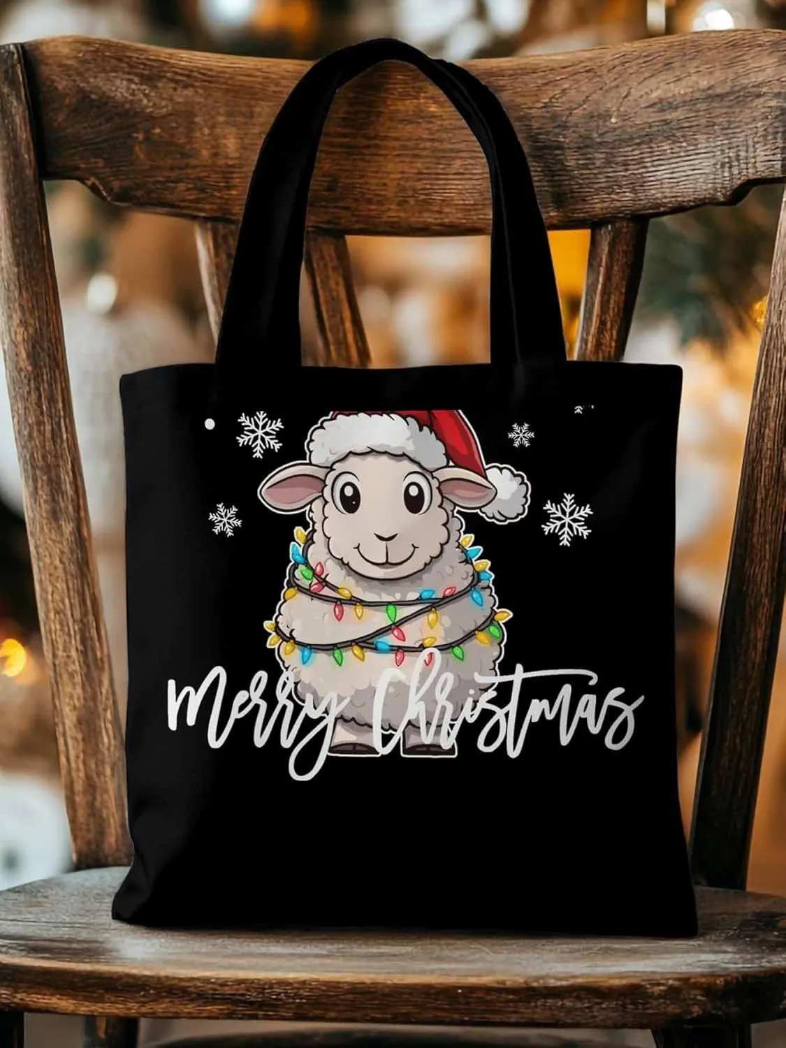 Christmas Sheep Canvas Tote Bag, Snowflake Xmas Red Aesthetic Canvas Tote Handbags for Women Shoulder Bag