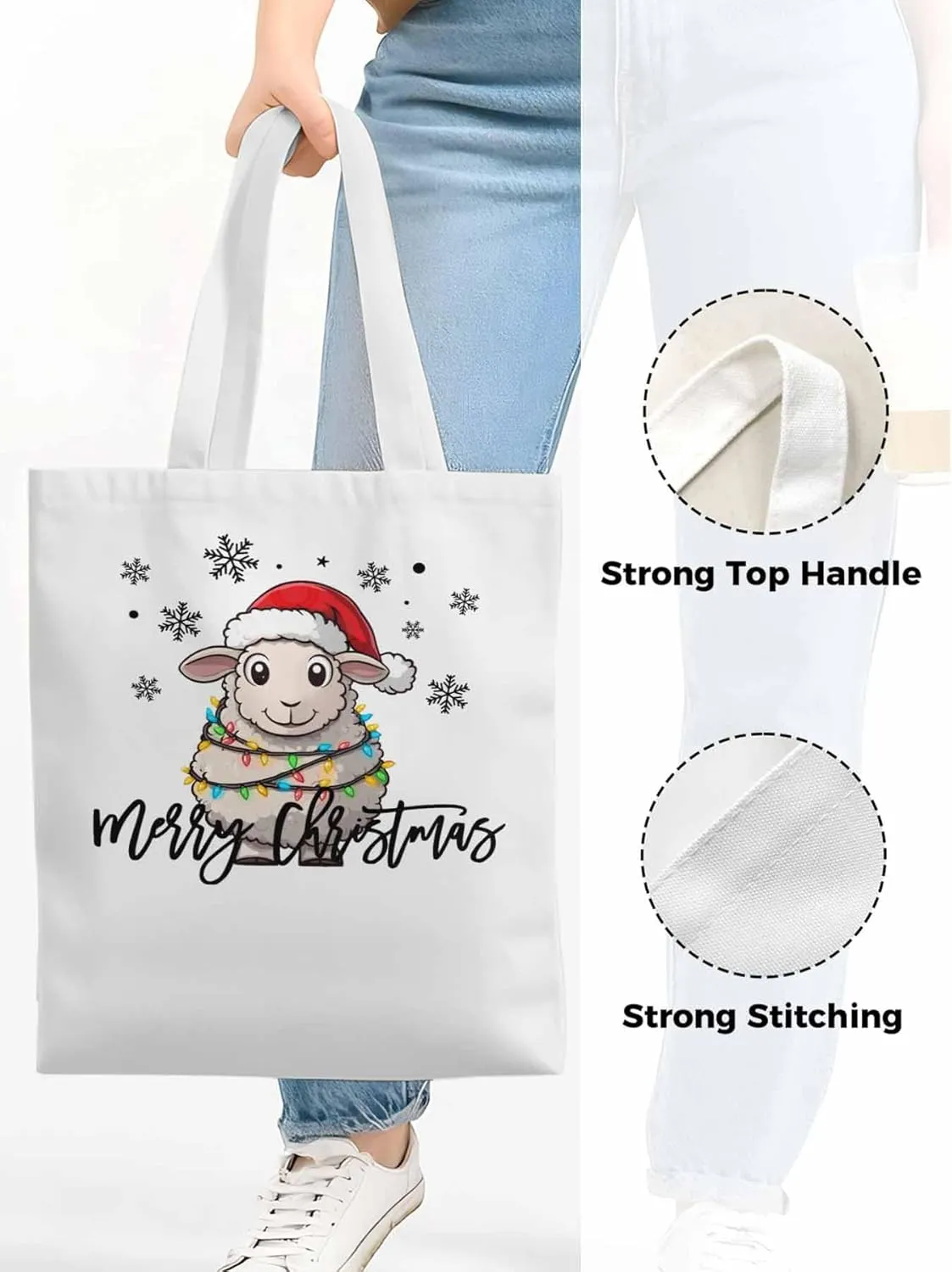 Christmas Sheep Canvas Tote Bag, Snowflake Xmas Red Aesthetic Canvas Tote Handbags for Women Shoulder Bag