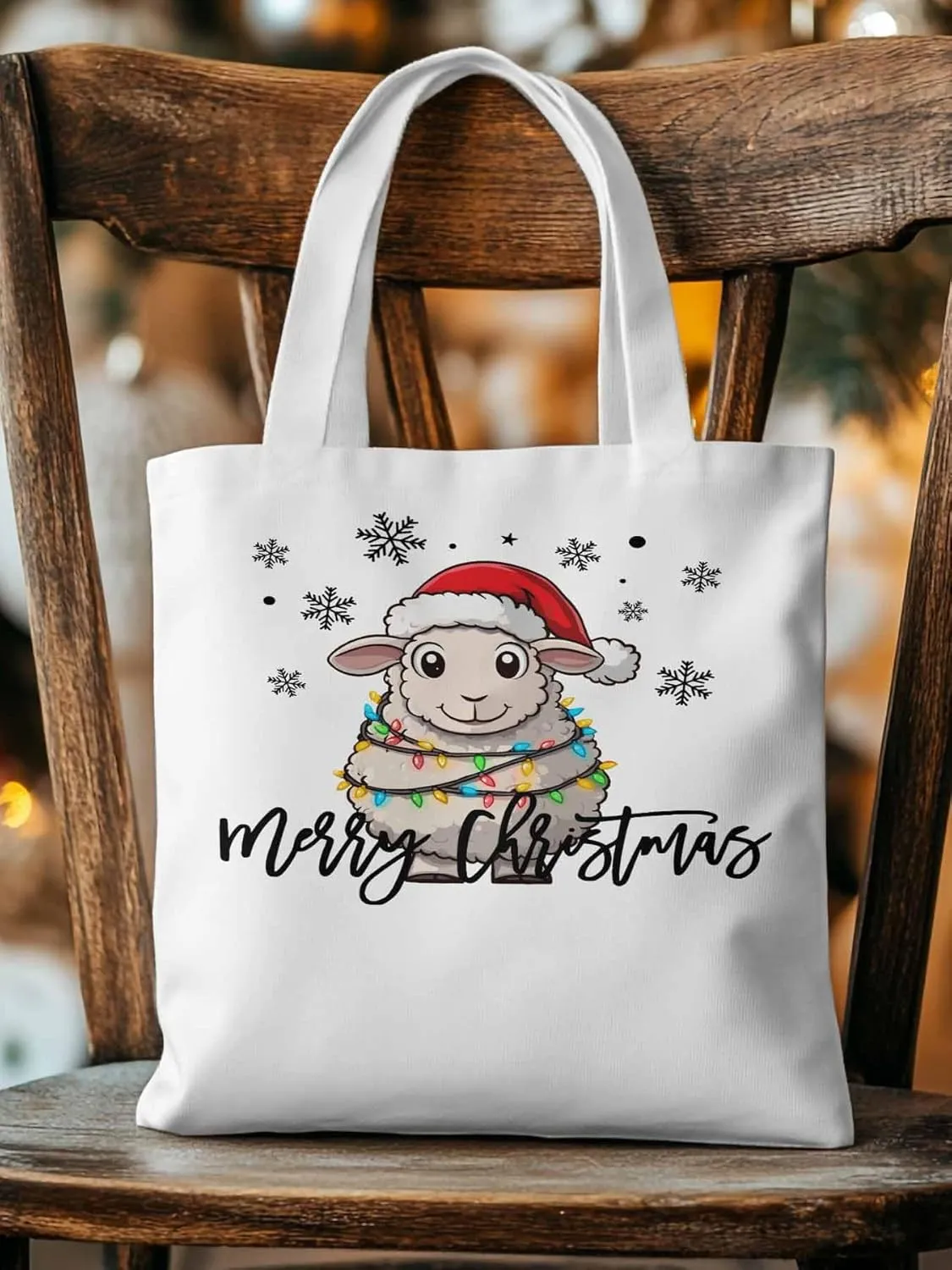 Christmas Sheep Canvas Tote Bag, Snowflake Xmas Red Aesthetic Canvas Tote Handbags for Women Shoulder Bag
