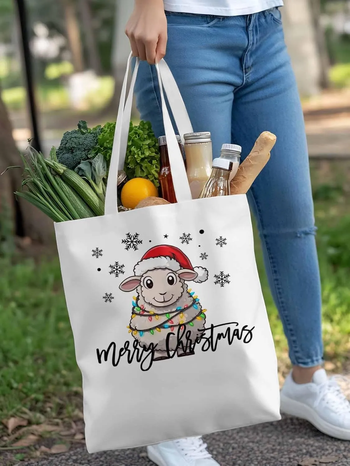 Christmas Sheep Canvas Tote Bag, Snowflake Xmas Red Aesthetic Canvas Tote Handbags for Women Shoulder Bag