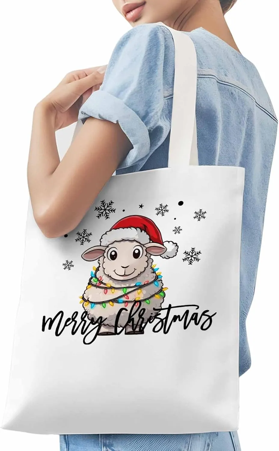 Christmas Sheep Canvas Tote Bag, Snowflake Xmas Red Aesthetic Canvas Tote Handbags for Women Shoulder Bag