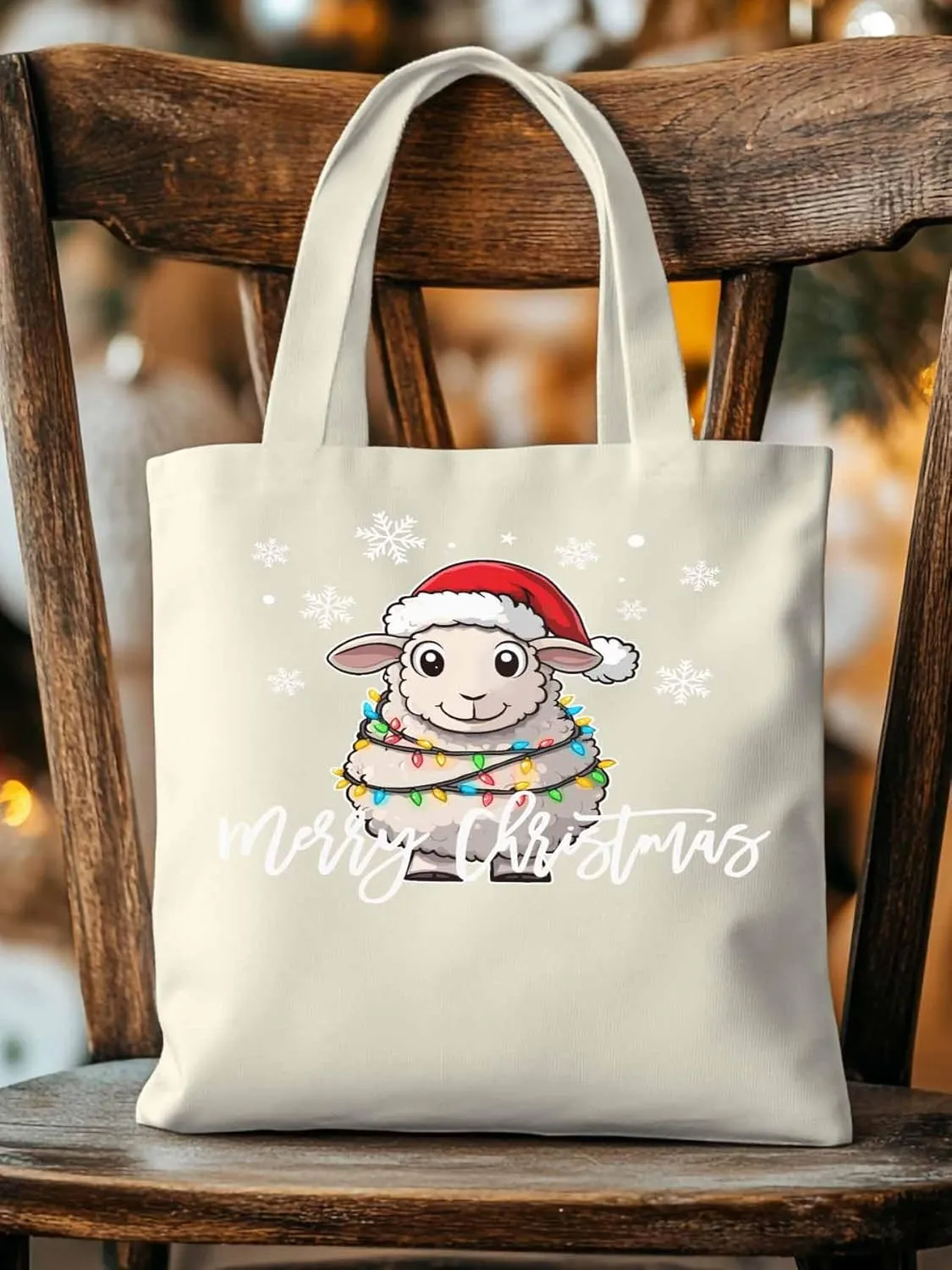 Christmas Sheep Canvas Tote Bag, Snowflake Xmas Red Aesthetic Canvas Tote Handbags for Women Shoulder Bag