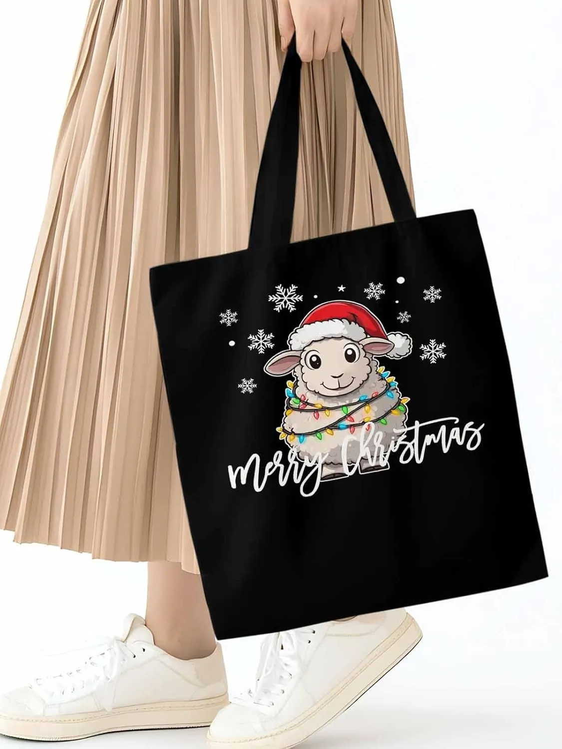 Christmas Sheep Canvas Tote Bag, Snowflake Xmas Red Aesthetic Canvas Tote Handbags for Women Shoulder Bag