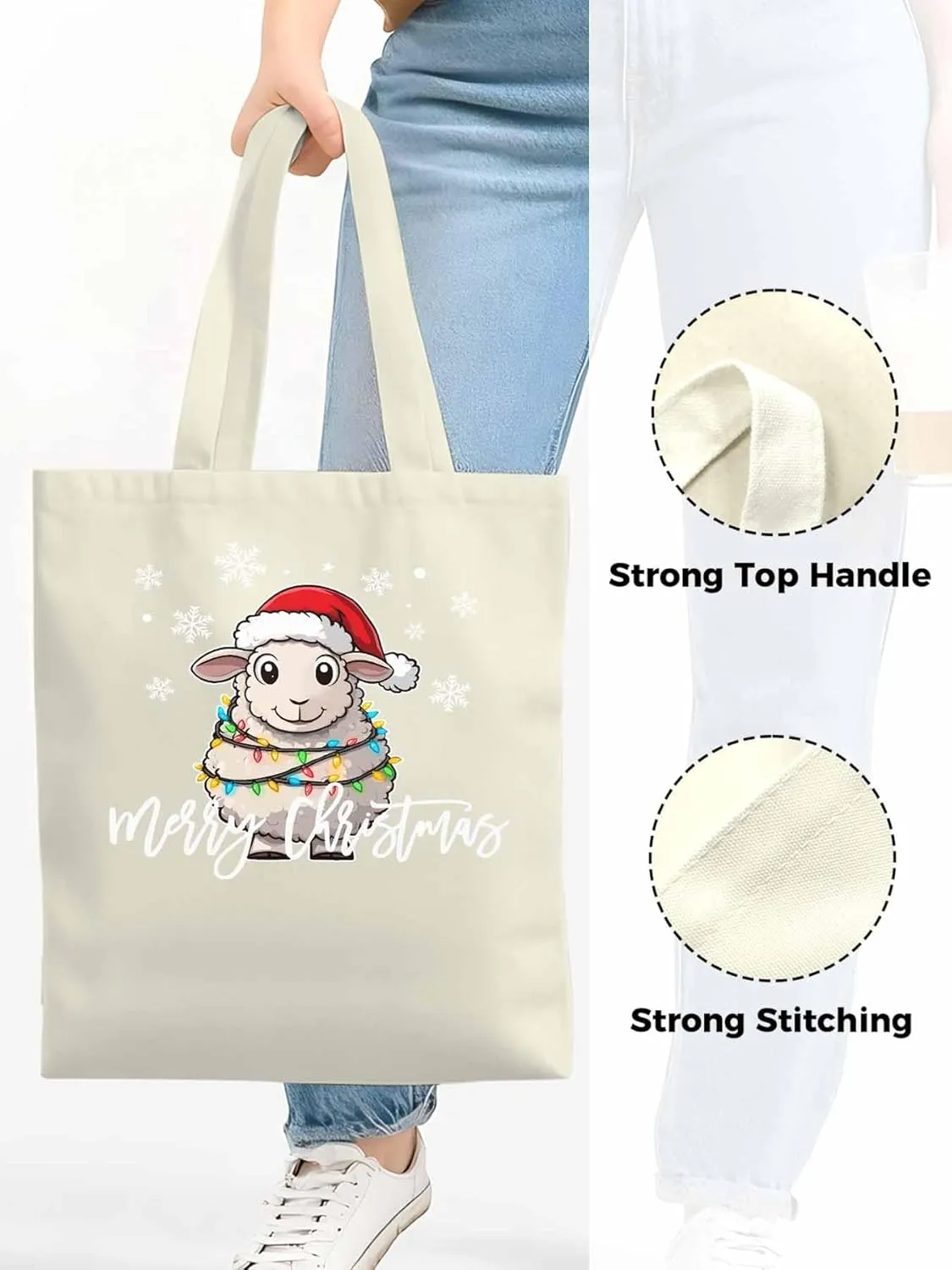 Christmas Sheep Canvas Tote Bag, Snowflake Xmas Red Aesthetic Canvas Tote Handbags for Women Shoulder Bag