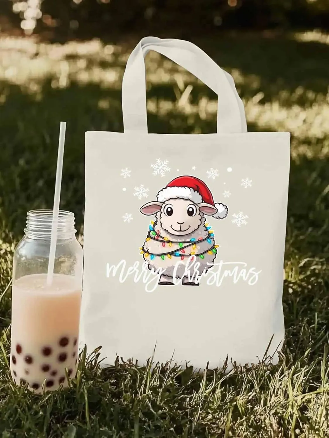 Christmas Sheep Canvas Tote Bag, Snowflake Xmas Red Aesthetic Canvas Tote Handbags for Women Shoulder Bag