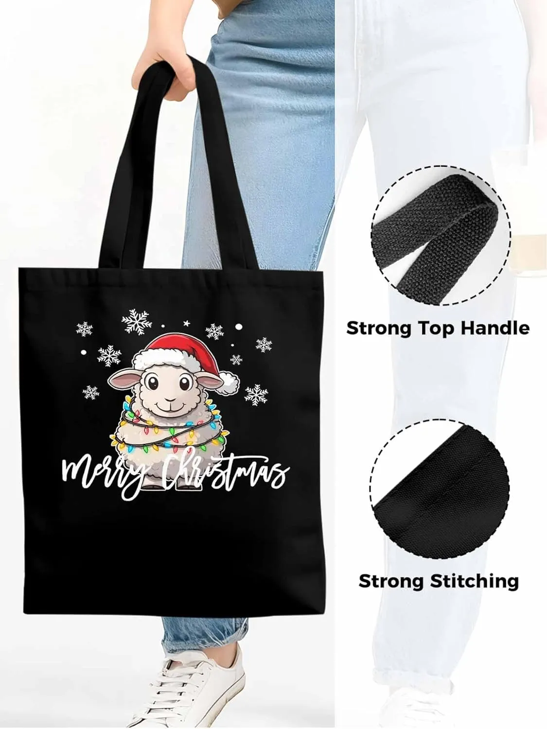Christmas Sheep Canvas Tote Bag, Snowflake Xmas Red Aesthetic Canvas Tote Handbags for Women Shoulder Bag