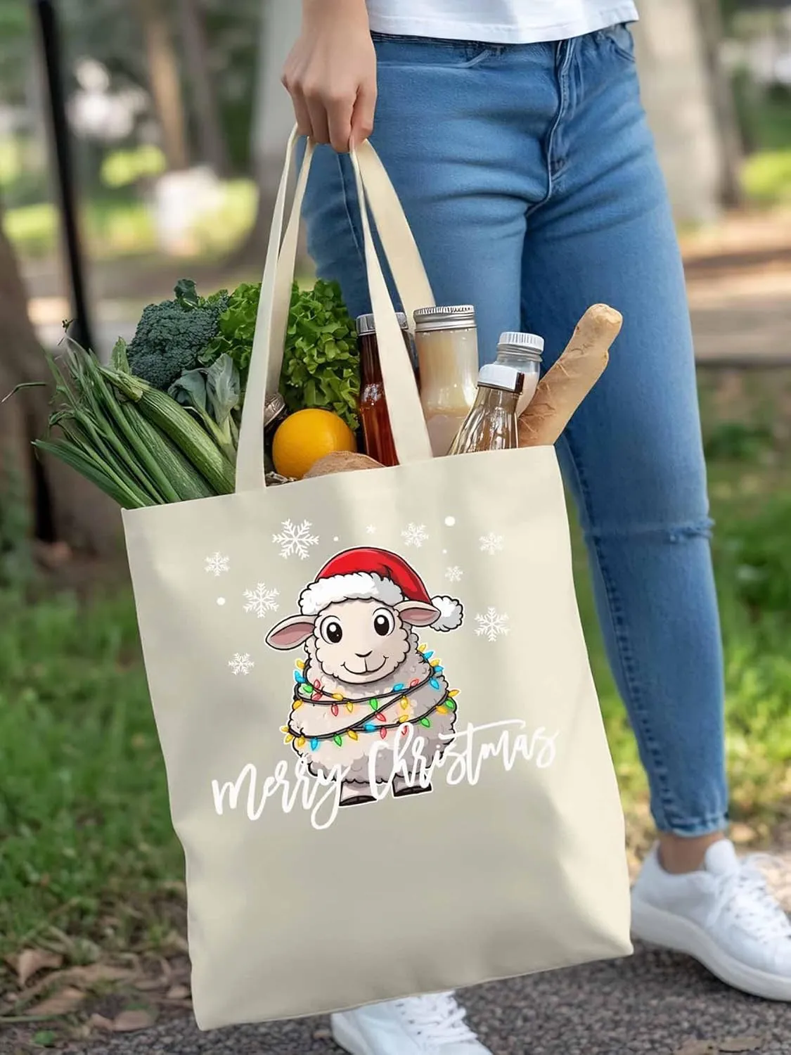 Christmas Sheep Canvas Tote Bag, Snowflake Xmas Red Aesthetic Canvas Tote Handbags for Women Shoulder Bag