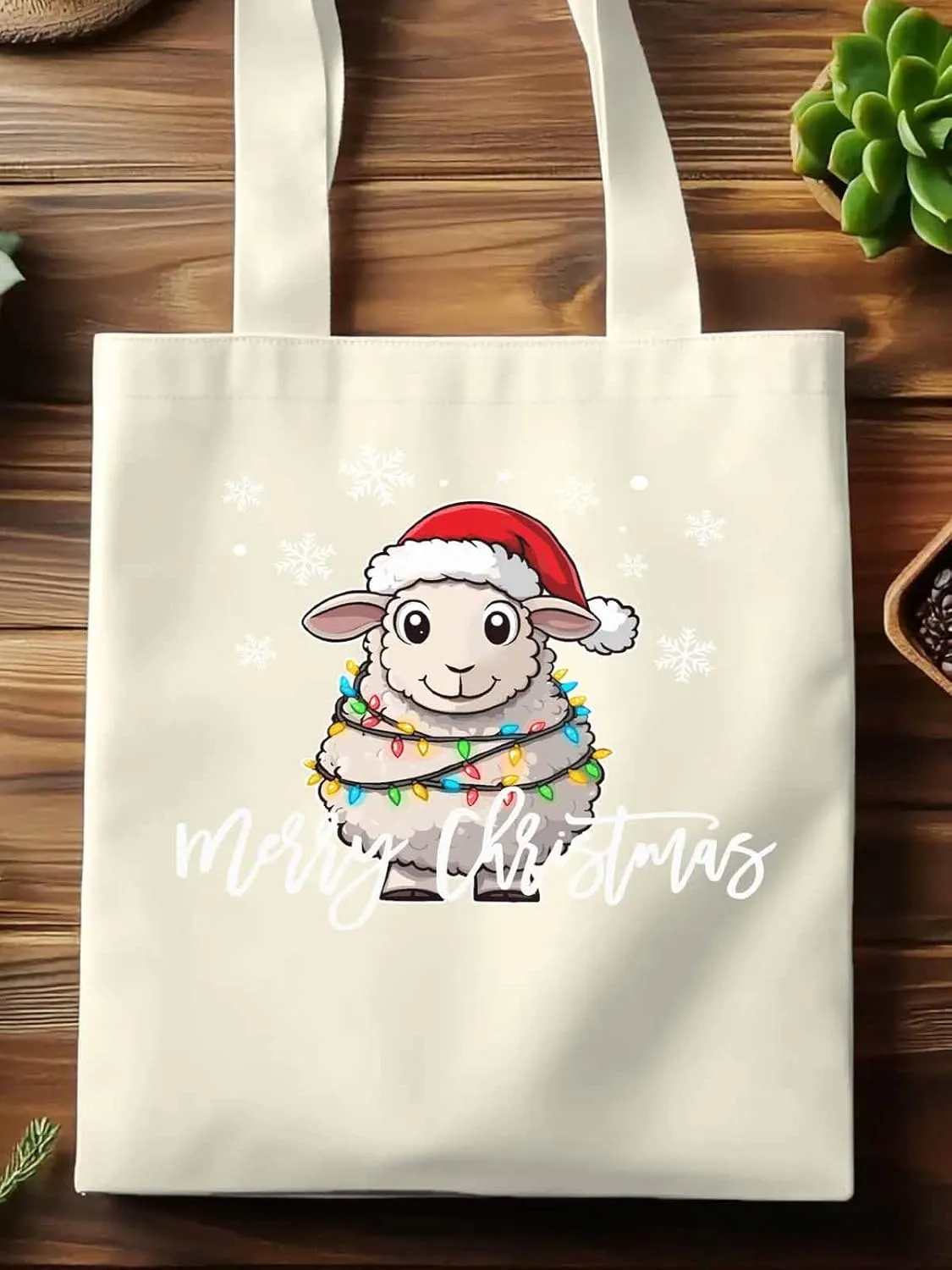 Christmas Sheep Canvas Tote Bag, Snowflake Xmas Red Aesthetic Canvas Tote Handbags for Women Shoulder Bag