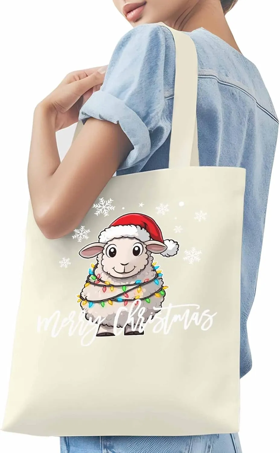 Christmas Sheep Canvas Tote Bag, Snowflake Xmas Red Aesthetic Canvas Tote Handbags for Women Shoulder Bag