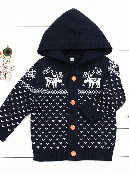 Christmas Tree Elk Crochet Hooded Cardigan Xmas Knitted Coat
