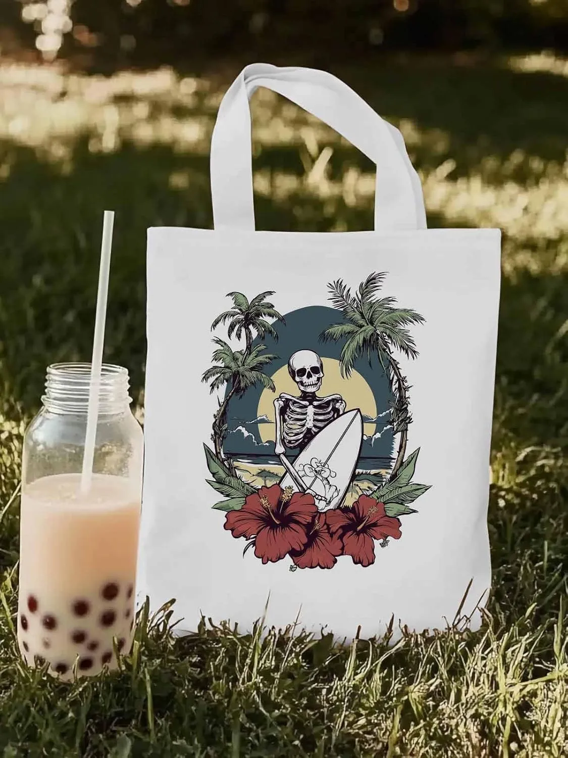 Coconut Tree Beach Surfing Skeleton Canvas Tote Bag, Aesthetic Canvas Tote Handbags for Women Shoulder Bag