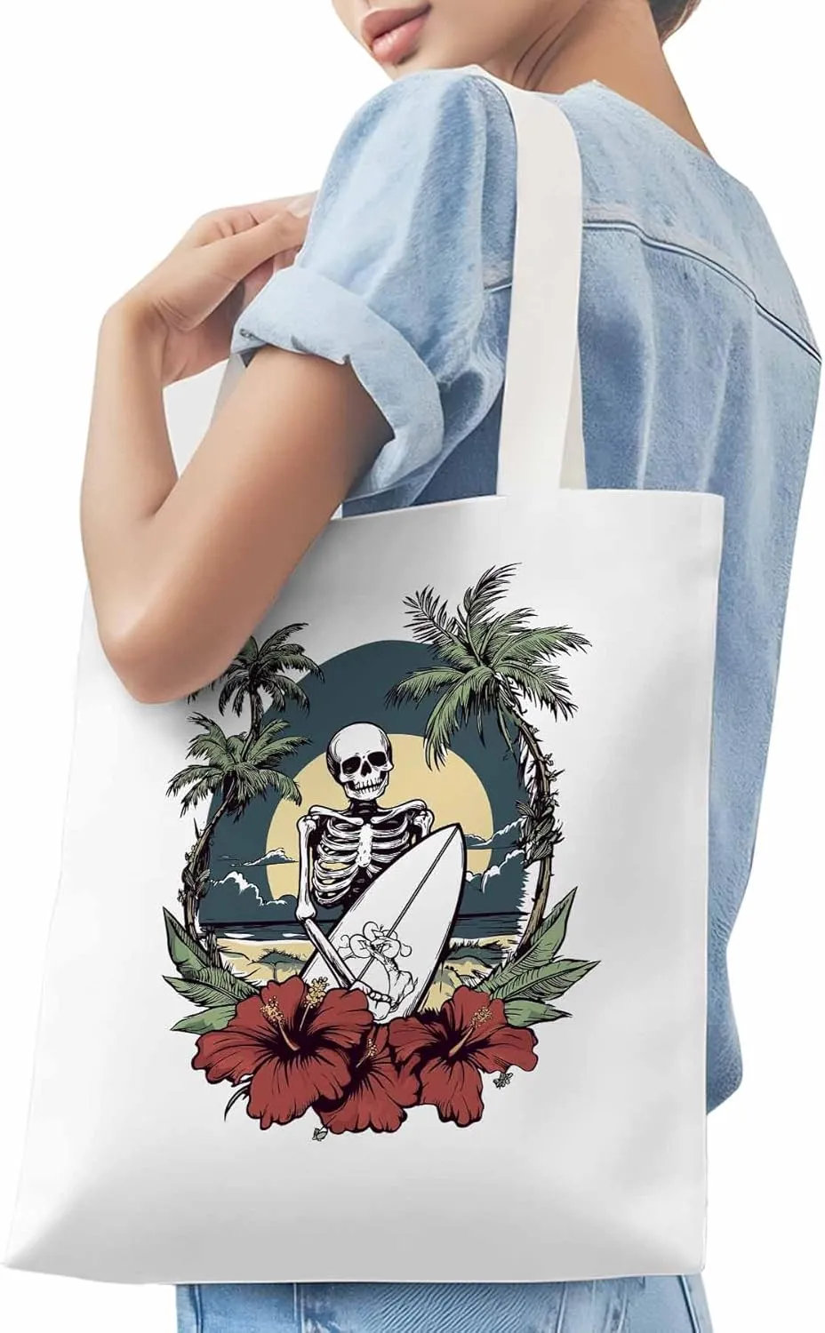 Coconut Tree Beach Surfing Skeleton Canvas Tote Bag, Aesthetic Canvas Tote Handbags for Women Shoulder Bag
