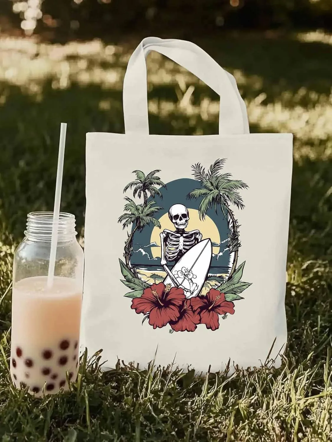 Coconut Tree Beach Surfing Skeleton Canvas Tote Bag, Aesthetic Canvas Tote Handbags for Women Shoulder Bag