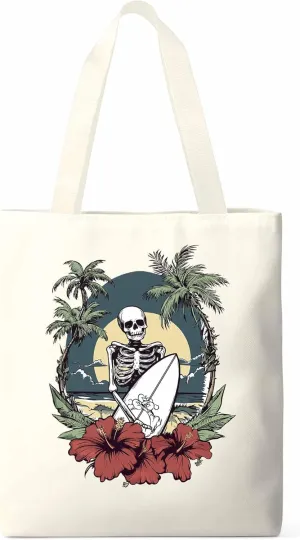 Coconut Tree Beach Surfing Skeleton Canvas Tote Bag, Aesthetic Canvas Tote Handbags for Women Shoulder Bag