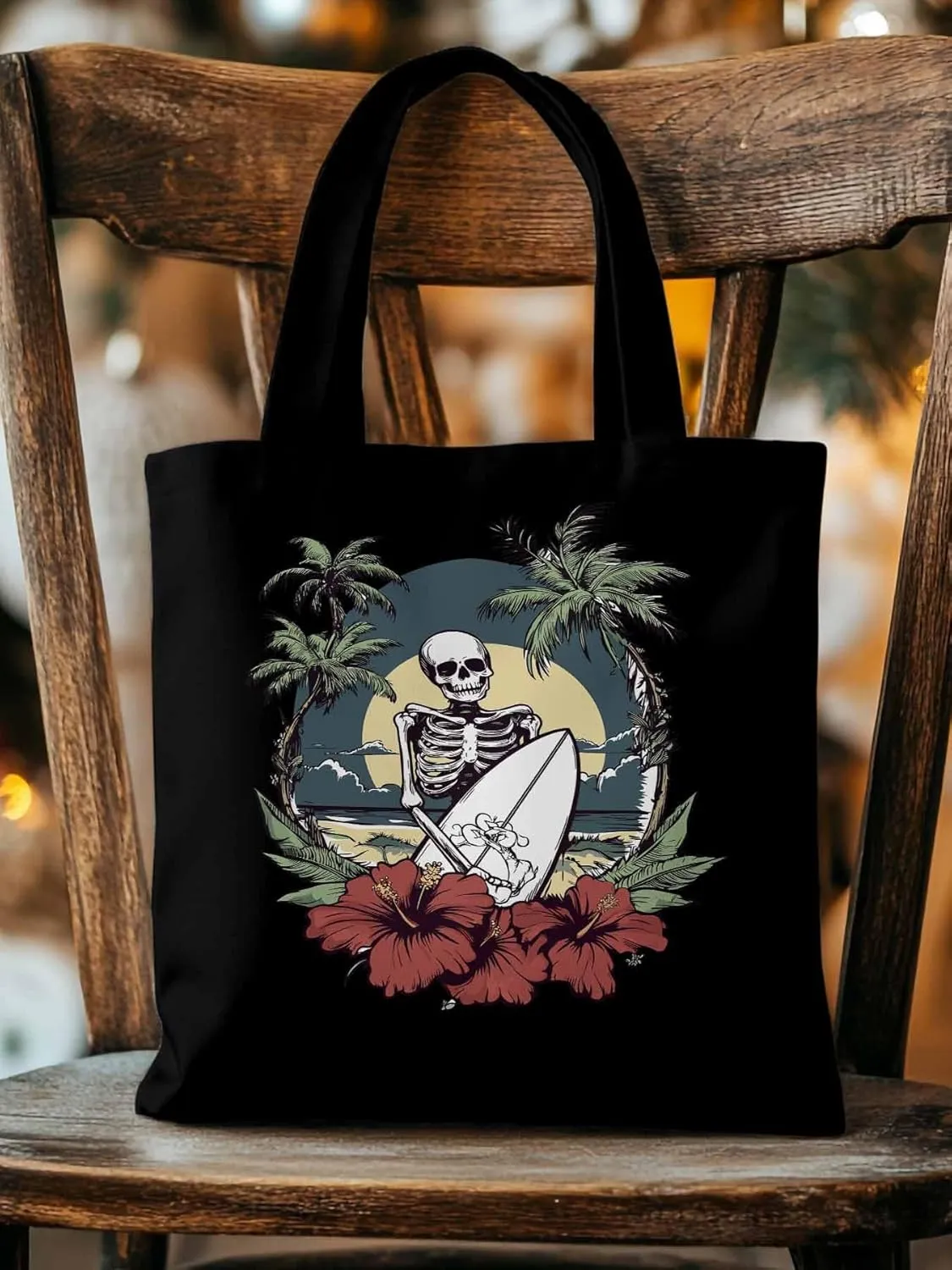 Coconut Tree Beach Surfing Skeleton Canvas Tote Bag, Aesthetic Canvas Tote Handbags for Women Shoulder Bag