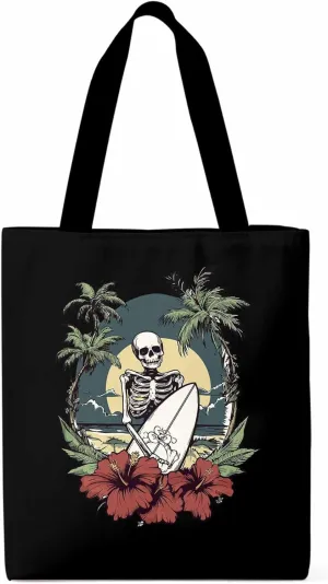 Coconut Tree Beach Surfing Skeleton Canvas Tote Bag, Aesthetic Canvas Tote Handbags for Women Shoulder Bag