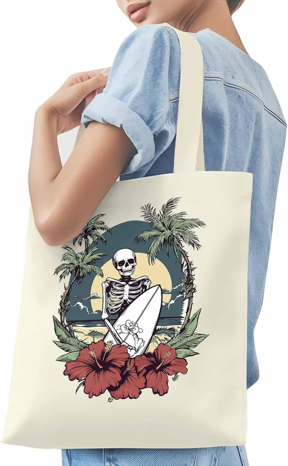 Coconut Tree Beach Surfing Skeleton Canvas Tote Bag, Aesthetic Canvas Tote Handbags for Women Shoulder Bag