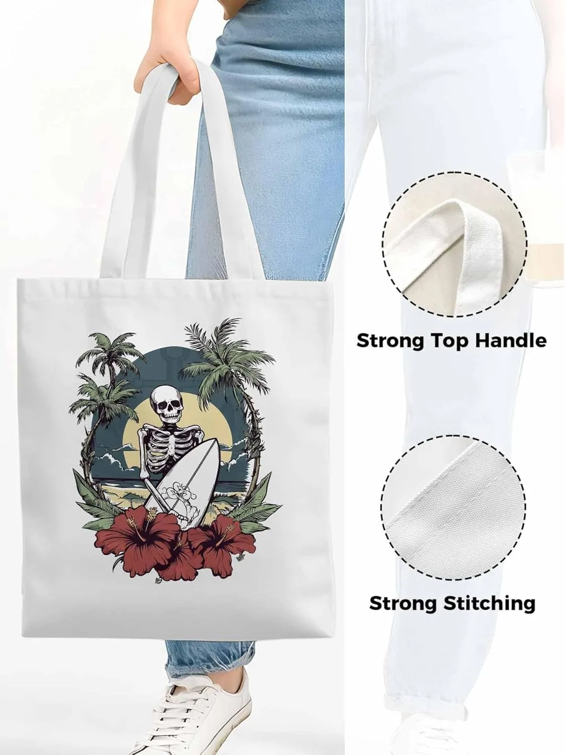 Coconut Tree Beach Surfing Skeleton Canvas Tote Bag, Aesthetic Canvas Tote Handbags for Women Shoulder Bag