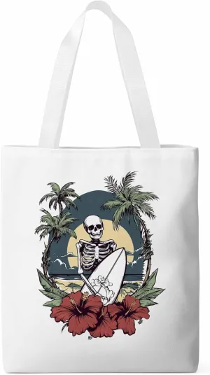 Coconut Tree Beach Surfing Skeleton Canvas Tote Bag, Aesthetic Canvas Tote Handbags for Women Shoulder Bag