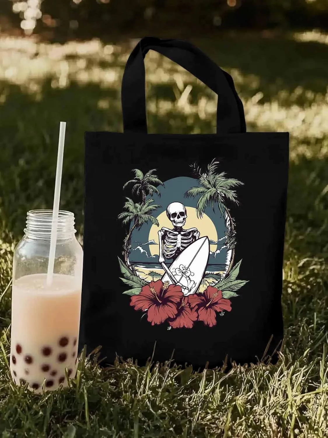 Coconut Tree Beach Surfing Skeleton Canvas Tote Bag, Aesthetic Canvas Tote Handbags for Women Shoulder Bag