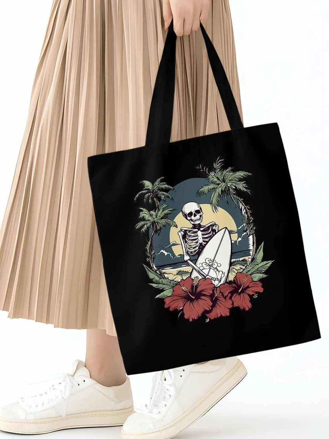 Coconut Tree Beach Surfing Skeleton Canvas Tote Bag, Aesthetic Canvas Tote Handbags for Women Shoulder Bag