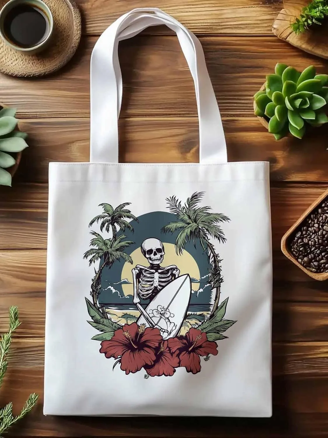 Coconut Tree Beach Surfing Skeleton Canvas Tote Bag, Aesthetic Canvas Tote Handbags for Women Shoulder Bag