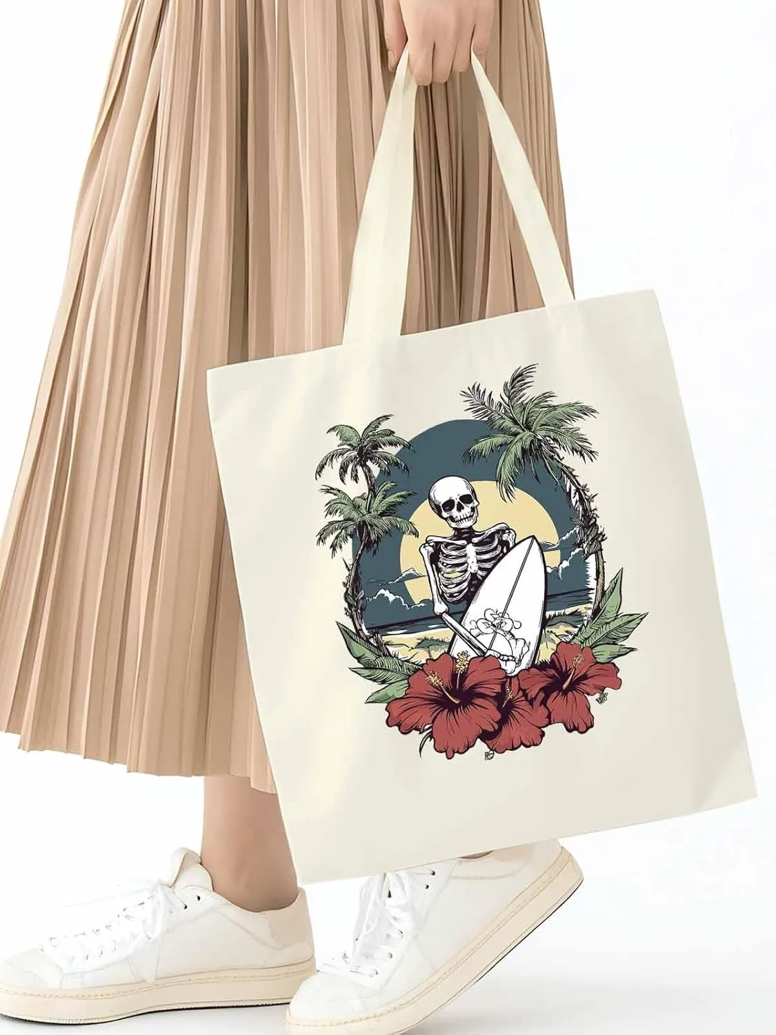 Coconut Tree Beach Surfing Skeleton Canvas Tote Bag, Aesthetic Canvas Tote Handbags for Women Shoulder Bag