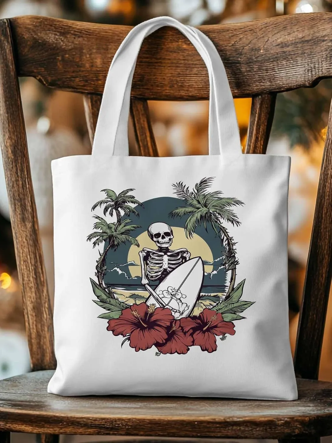 Coconut Tree Beach Surfing Skeleton Canvas Tote Bag, Aesthetic Canvas Tote Handbags for Women Shoulder Bag