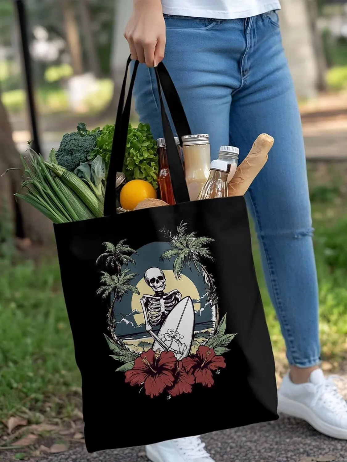 Coconut Tree Beach Surfing Skeleton Canvas Tote Bag, Aesthetic Canvas Tote Handbags for Women Shoulder Bag