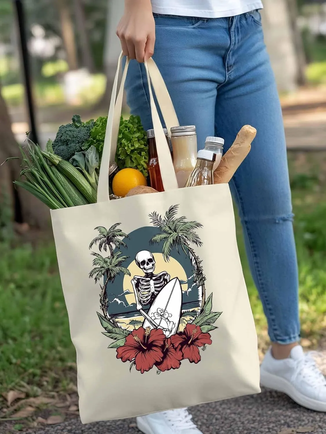 Coconut Tree Beach Surfing Skeleton Canvas Tote Bag, Aesthetic Canvas Tote Handbags for Women Shoulder Bag