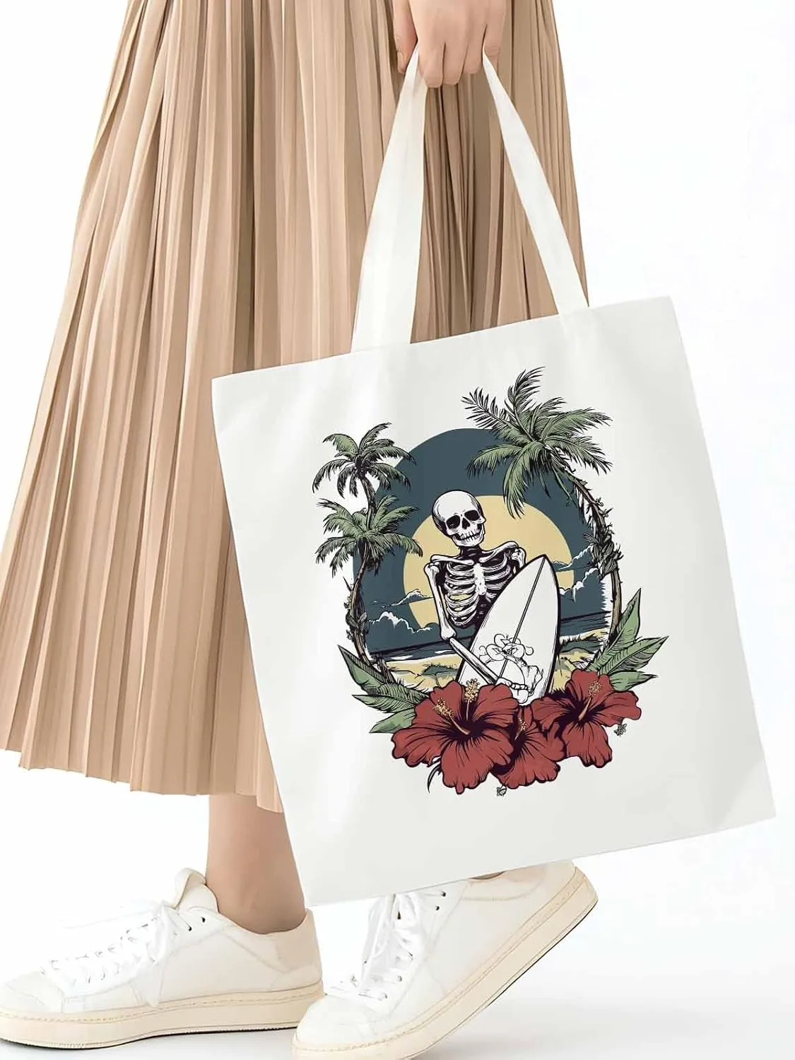 Coconut Tree Beach Surfing Skeleton Canvas Tote Bag, Aesthetic Canvas Tote Handbags for Women Shoulder Bag