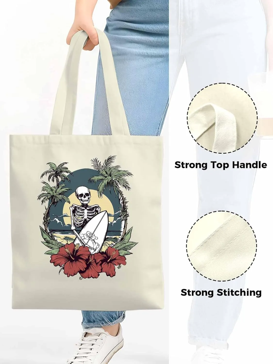 Coconut Tree Beach Surfing Skeleton Canvas Tote Bag, Aesthetic Canvas Tote Handbags for Women Shoulder Bag