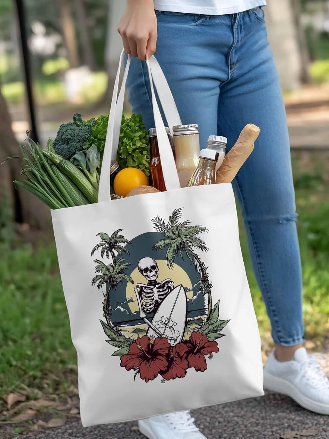 Coconut Tree Beach Surfing Skeleton Canvas Tote Bag, Aesthetic Canvas Tote Handbags for Women Shoulder Bag