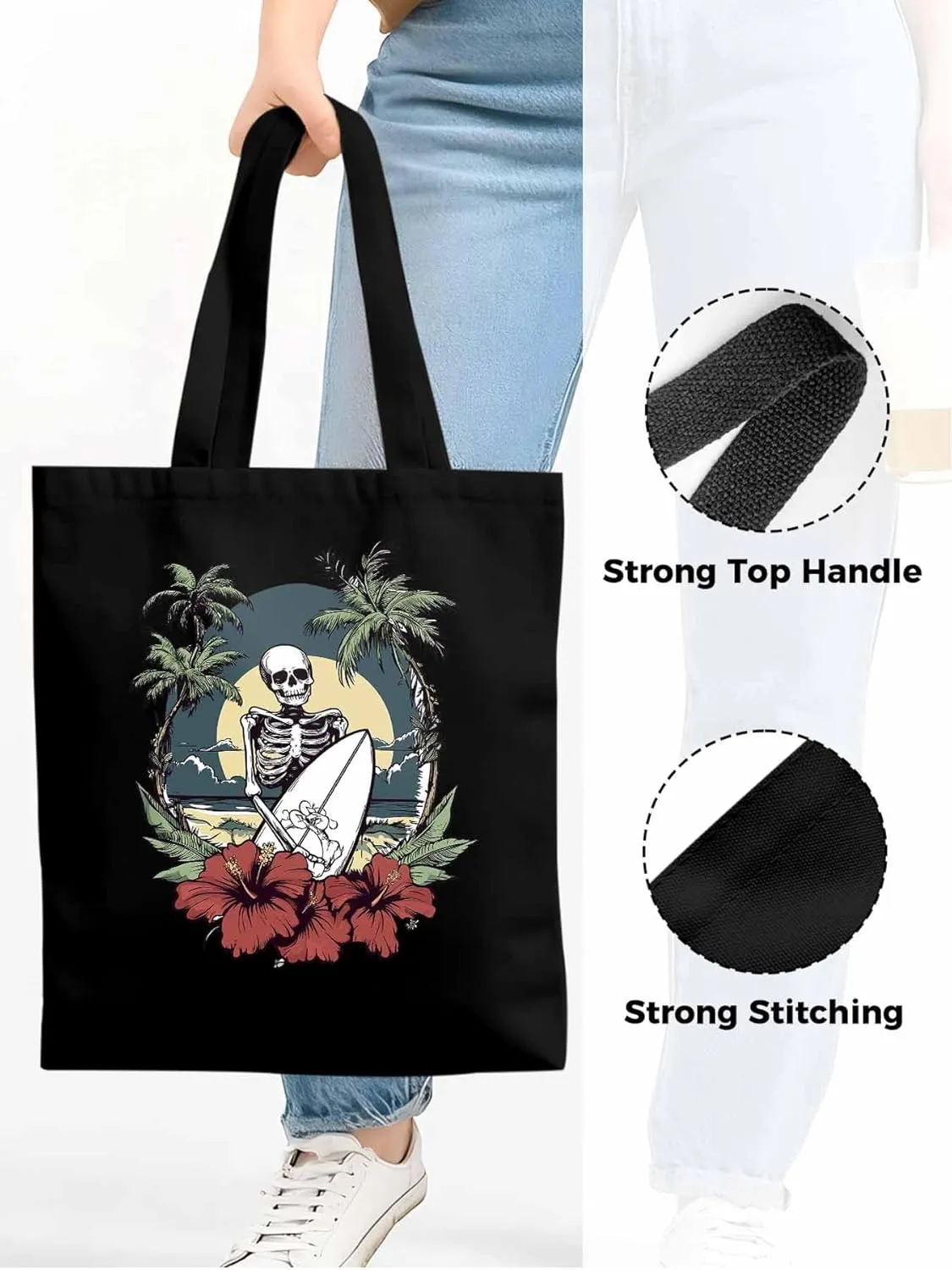 Coconut Tree Beach Surfing Skeleton Canvas Tote Bag, Aesthetic Canvas Tote Handbags for Women Shoulder Bag