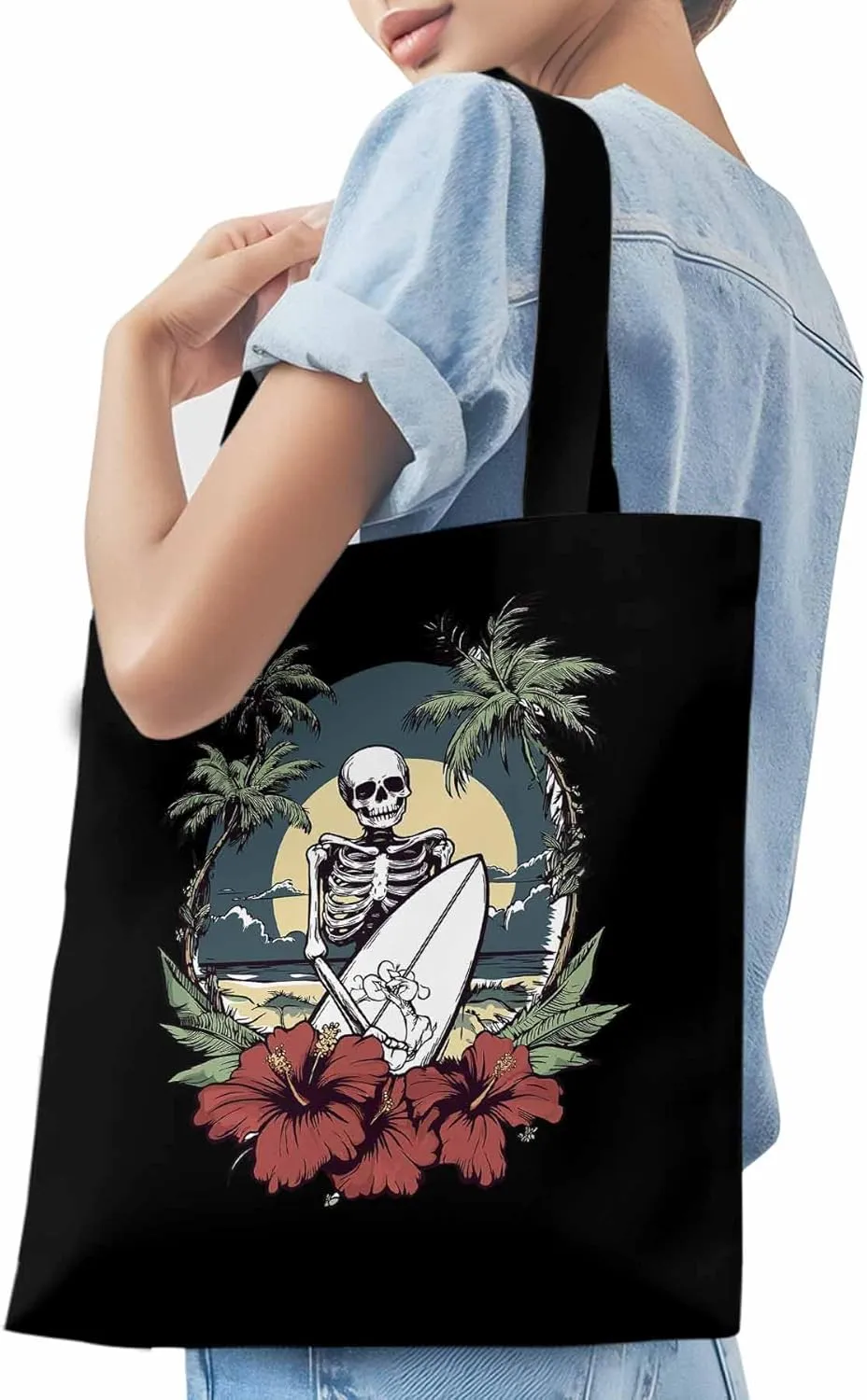 Coconut Tree Beach Surfing Skeleton Canvas Tote Bag, Aesthetic Canvas Tote Handbags for Women Shoulder Bag