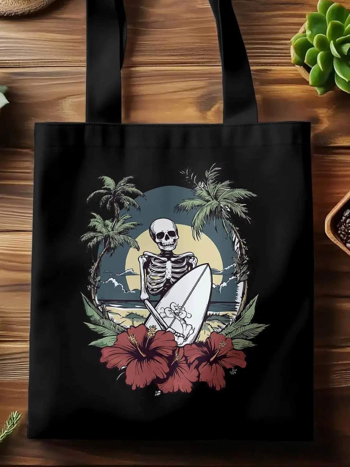 Coconut Tree Beach Surfing Skeleton Canvas Tote Bag, Aesthetic Canvas Tote Handbags for Women Shoulder Bag