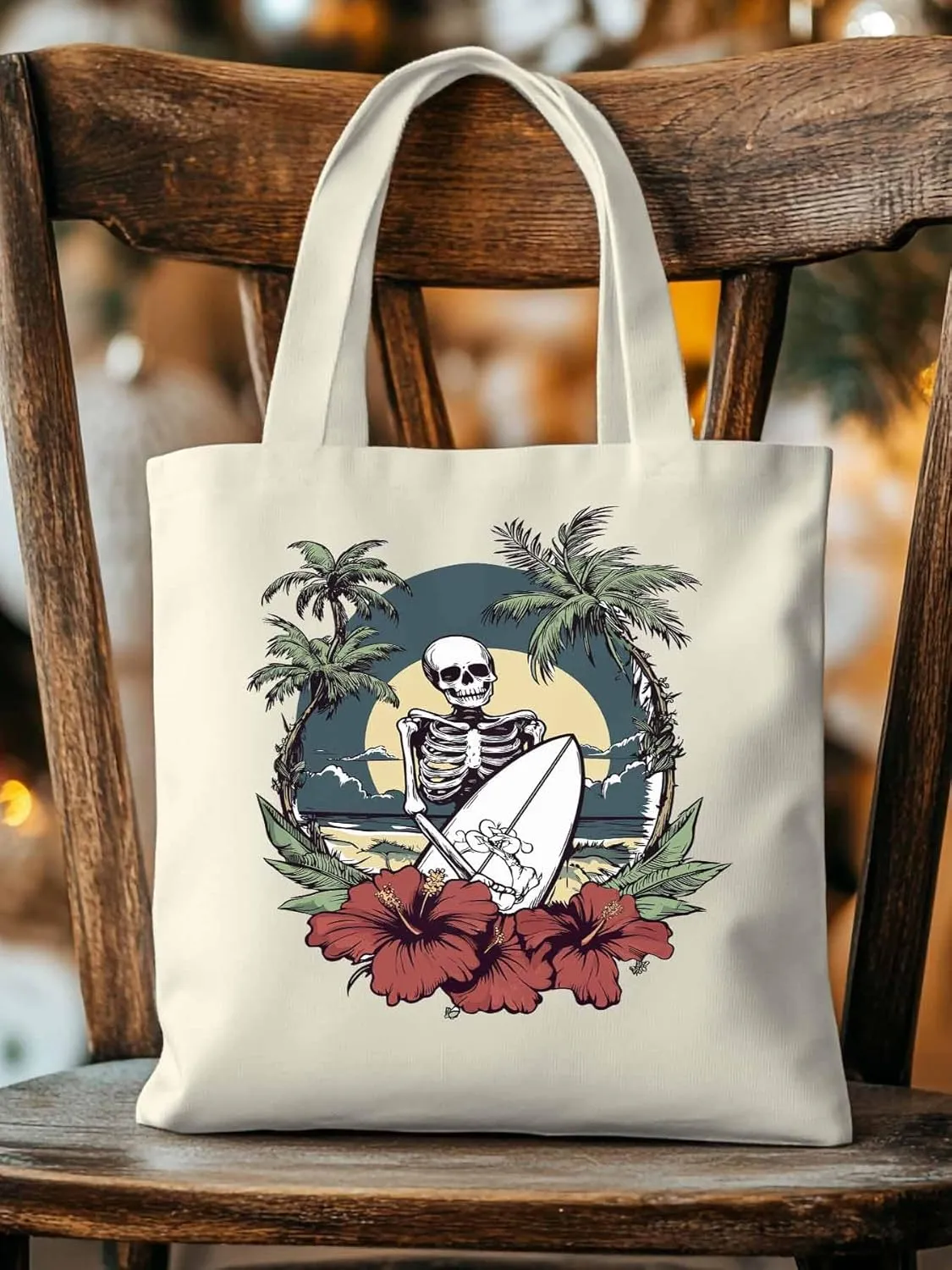 Coconut Tree Beach Surfing Skeleton Canvas Tote Bag, Aesthetic Canvas Tote Handbags for Women Shoulder Bag